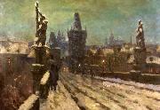 Stanislav Feikl Painting Winter on the Charles bridge oil on canvas